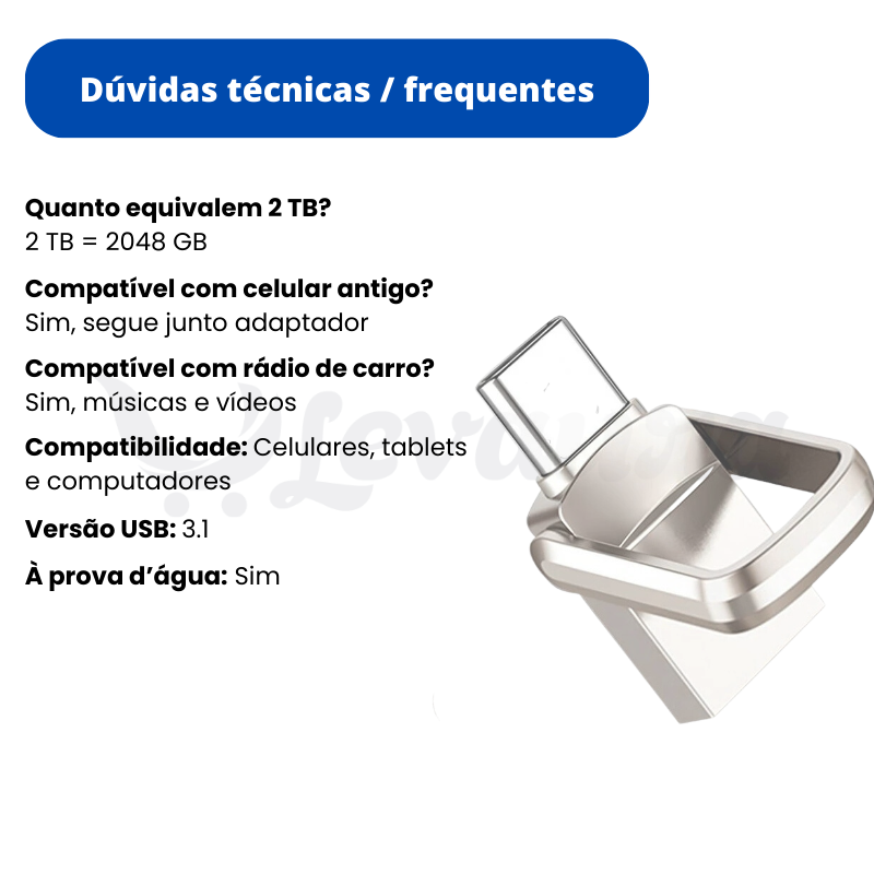Pendrive Universal celular e PC - 2 TB Por preço de 1 TB